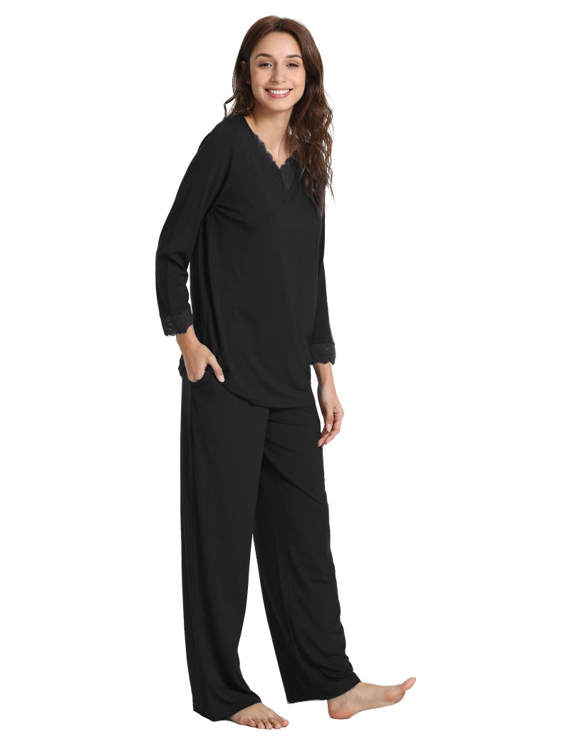 GYS Women's Pajama Sets Viscose from Bamboo Lace Trim Long Sleeve Sleepwear Soft Pjs Lounge Sets with Pockets, Black, Large - Image 4